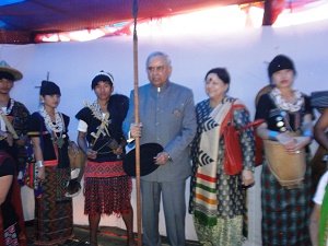 The Governor of Arunachal Pradesh Lt. Gen (Retd) Nirbhay Sharma with Mishmi youth in traditional attires at Roing on 26th November 2014